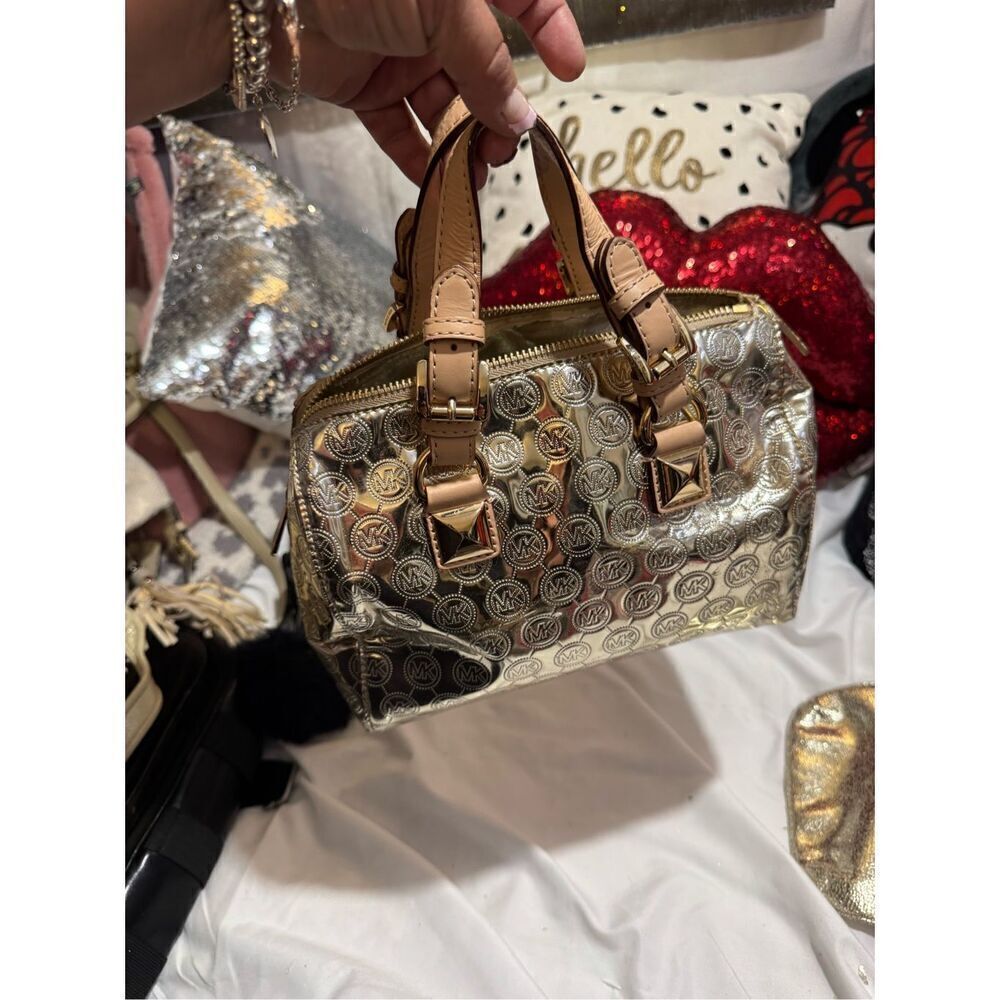 Mk michael Kors gold patent leather signature jet set mini hand bag purse bag - Picture 6 of 10
